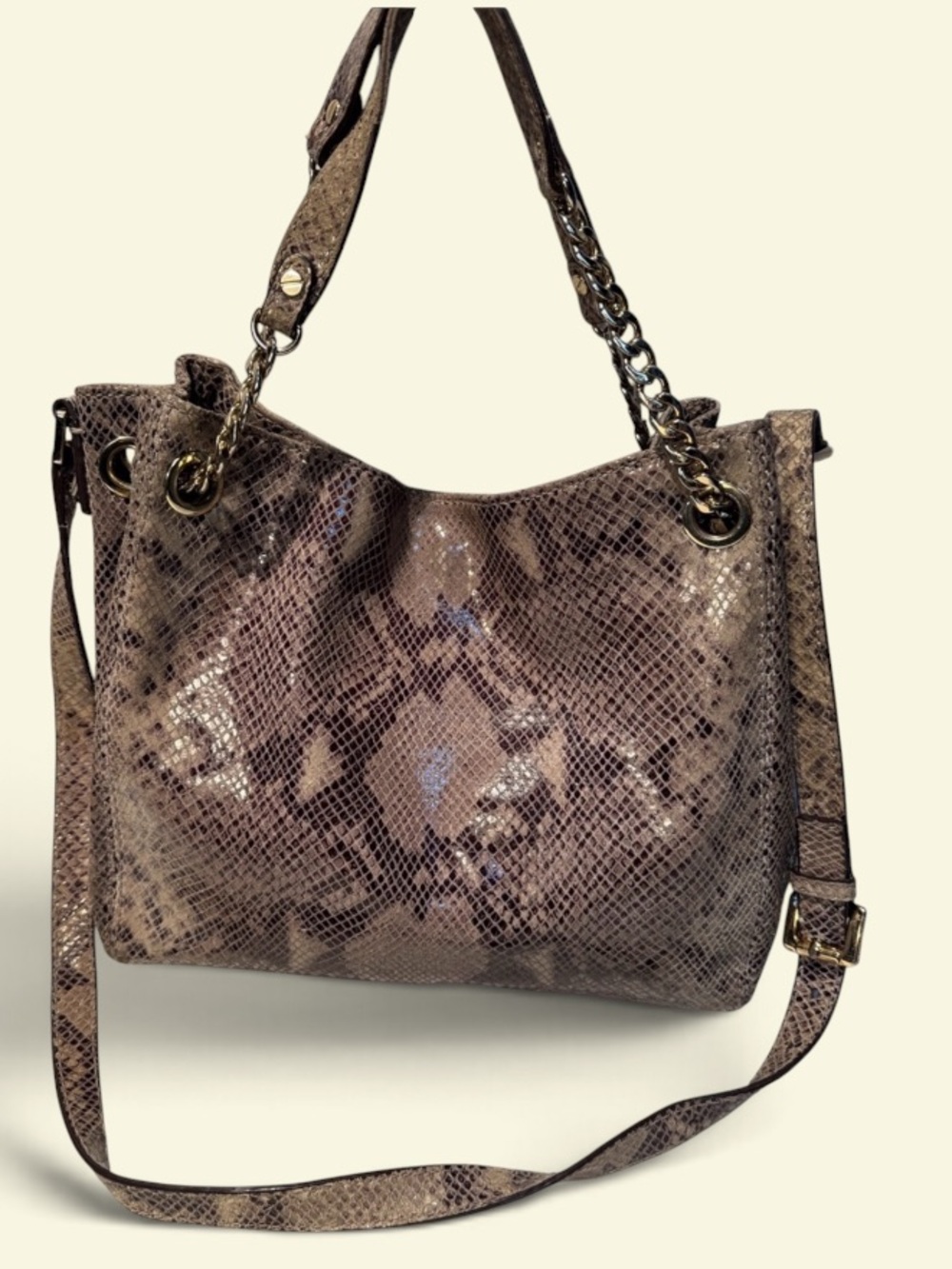 Michael Kors Taupe Snake-Print Shoulder Bag with Gold Chain